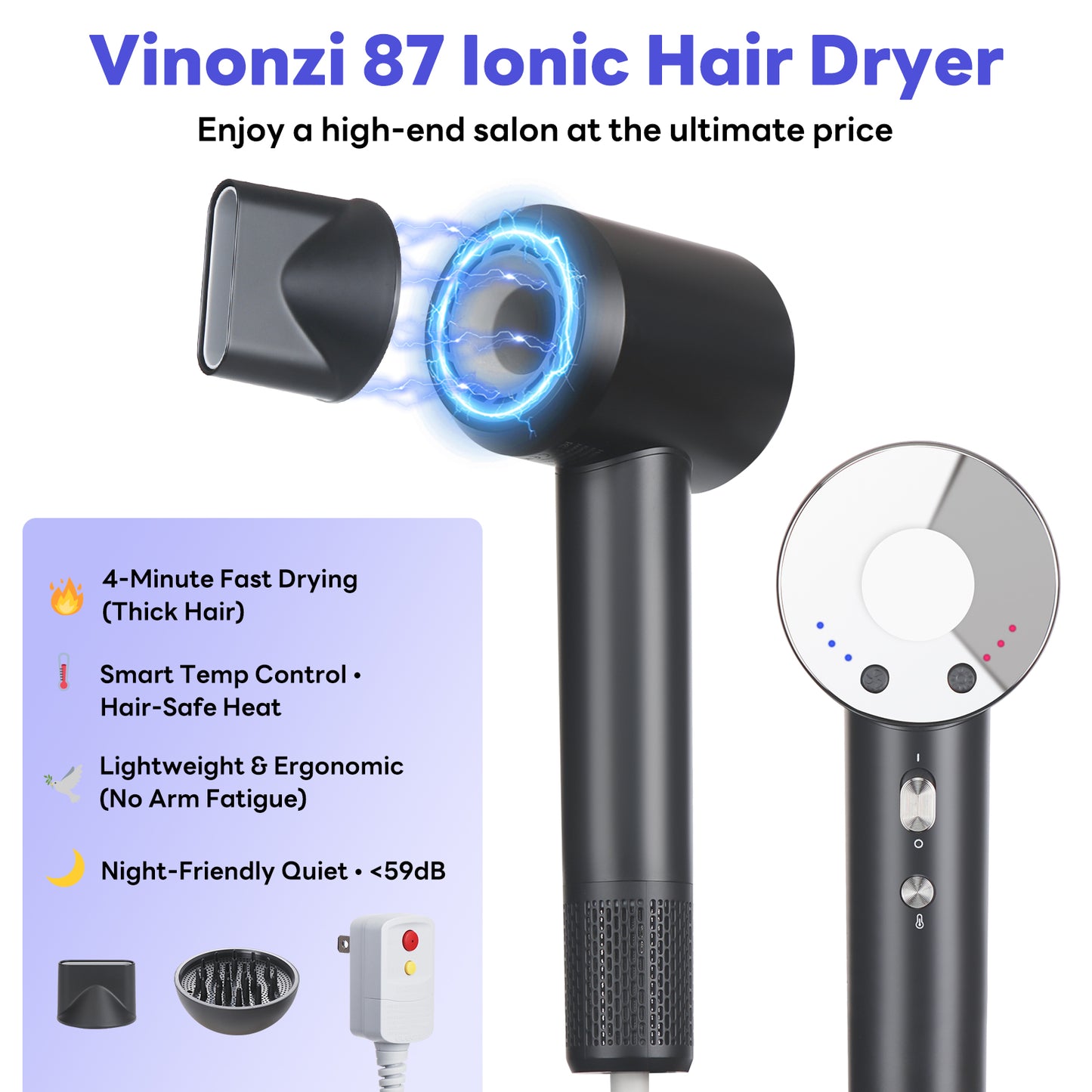 Ionic Hair Dryer 2025, Compact Salon Pro, Curl-Shaping Diffuser, Safe for Curly Hair, Fast Drying with 110K RPM Low Noise Motor